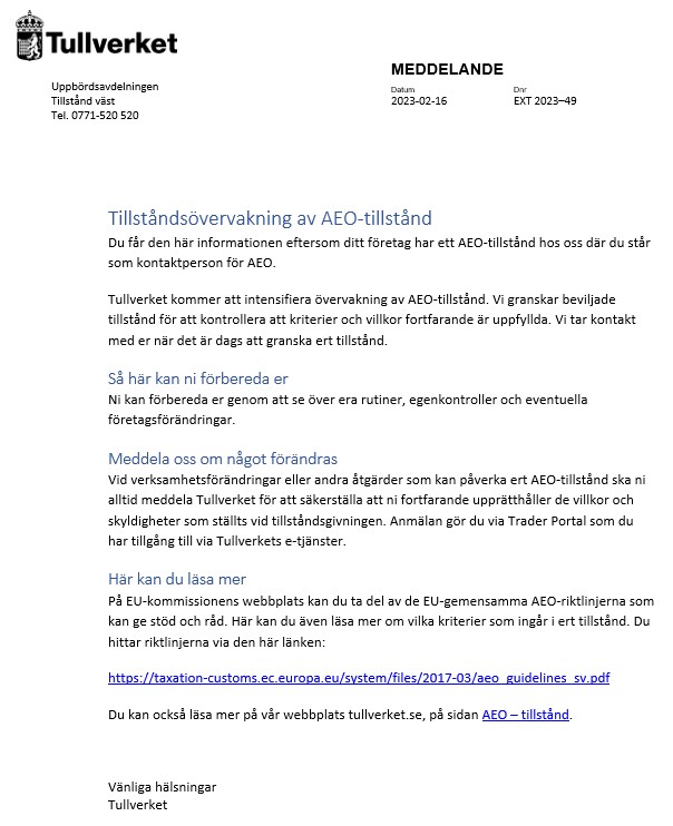 AEO-Information om övervakning